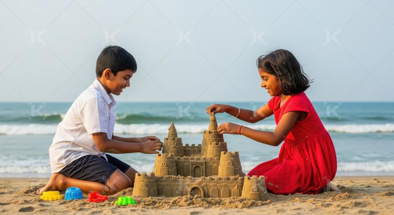 Indian Kids Building Sandcastle on Beach with Joy