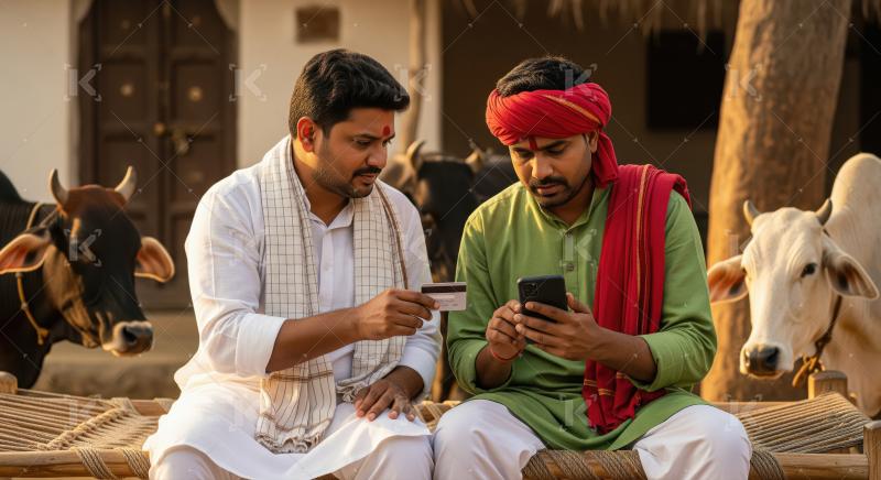 Two Indian farmers in traditional attire sit together among cows
