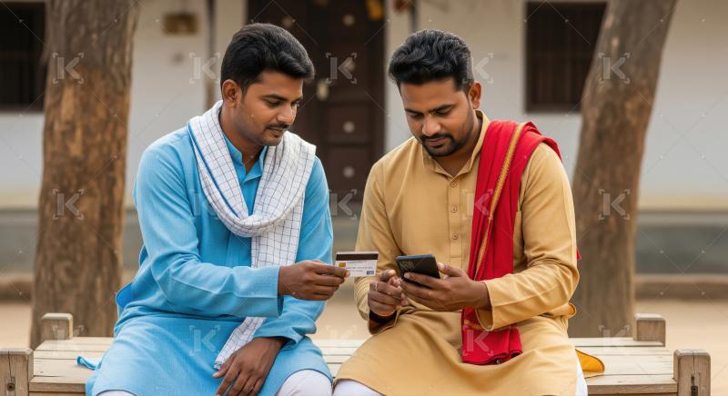 Two Indian farmers in traditional attire sit together among cows