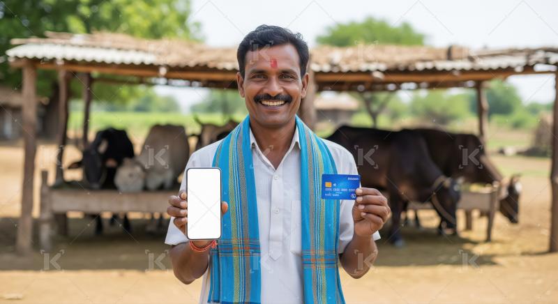A rural Indian dairy farmer stands in front of his cattle shed,