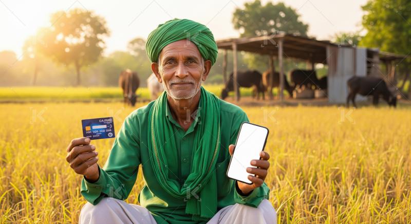 A rural Indian dairy farmer stands in front of his cattle shed,