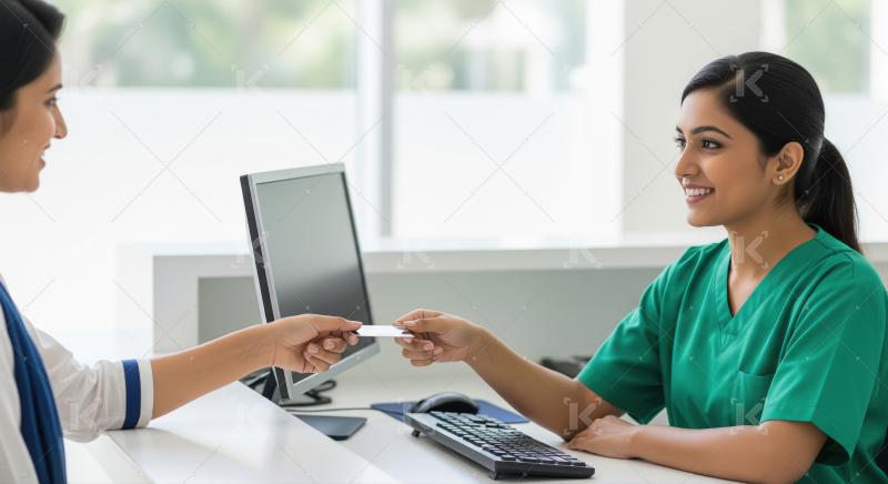Hospital receptionist in green scrubs receives a card from a pat