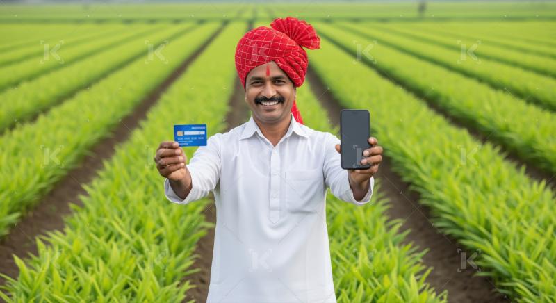 Indian farmer proudly displaying his debit card and smartphone a