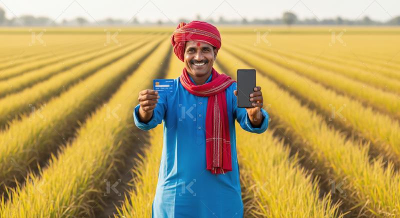 Indian farmer proudly displaying his debit card and smartphone a
