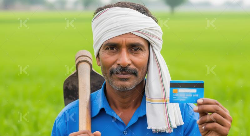 Indian farmer in a blue shirt stands in a lush green field, hold