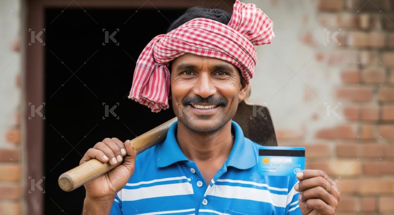 Indian farmer in a blue shirt stands in a lush green field, hold