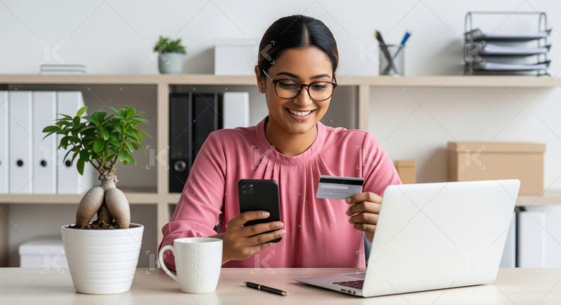 A focused businesswoman uses her smartphone and credit card whil