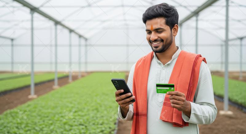 A young Indian farmer in a greenhouse, wearing traditional attir