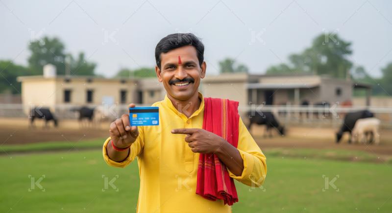 Indian farmer proudly points to his bank card
