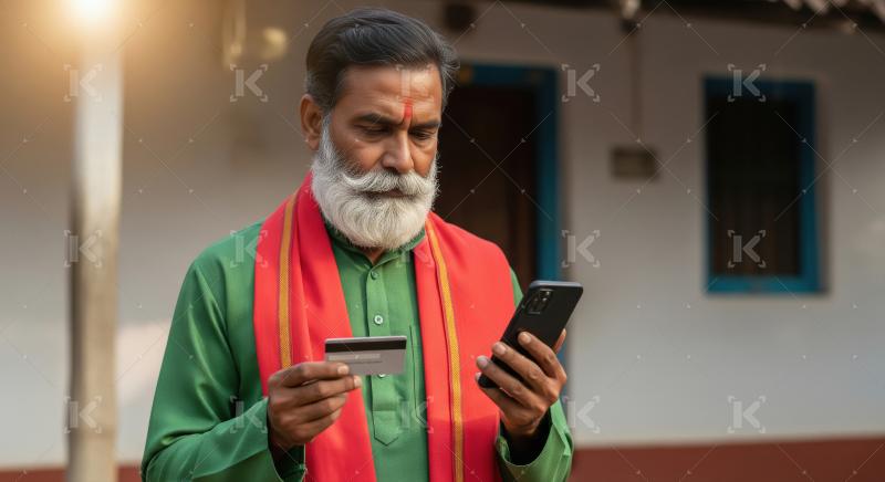 Elderly Indian farmer holding a smartphone and bank card