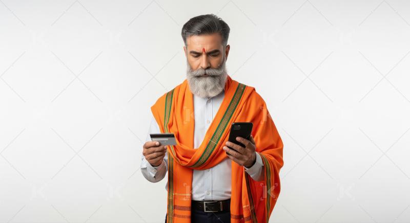 Elderly Indian farmer holding a smartphone and bank card