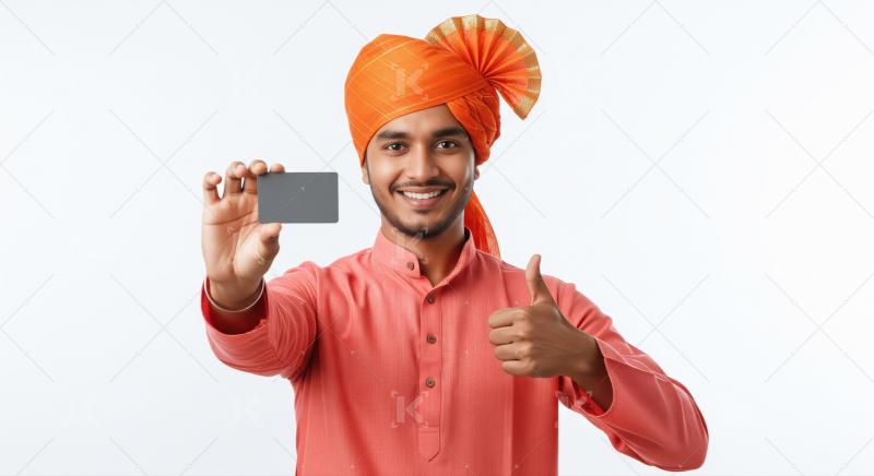 Young Indian man in an orange turban and kurta shows a bank card