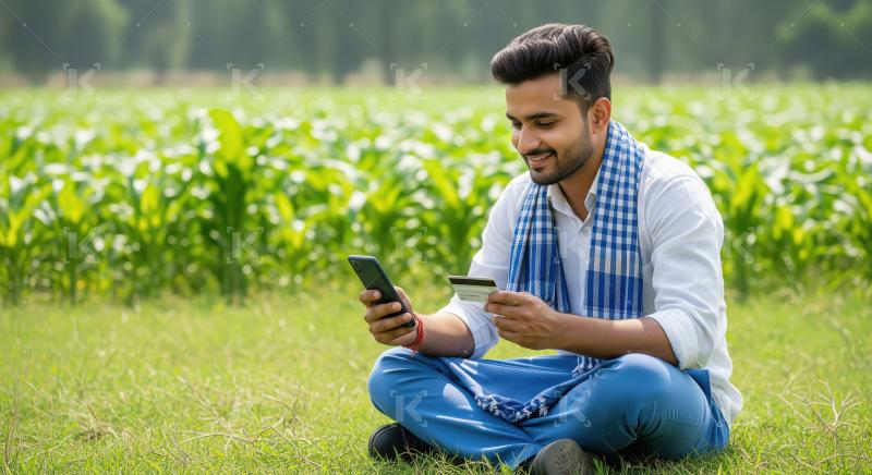 A young Indian rural farmer sits in a lush green field, using hi