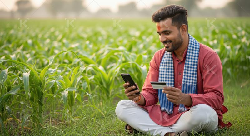 A young Indian rural farmer sits in a lush green field, using hi