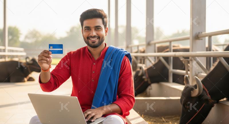 A young Indian farmer sits amidst dairy cattle, proudly holding