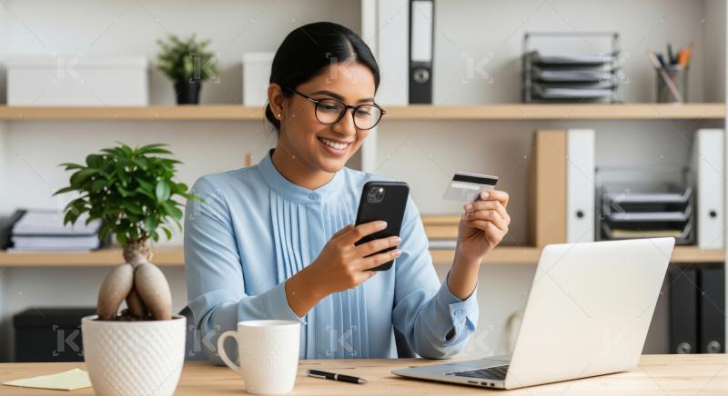 A focused businesswoman uses her smartphone and credit card whil