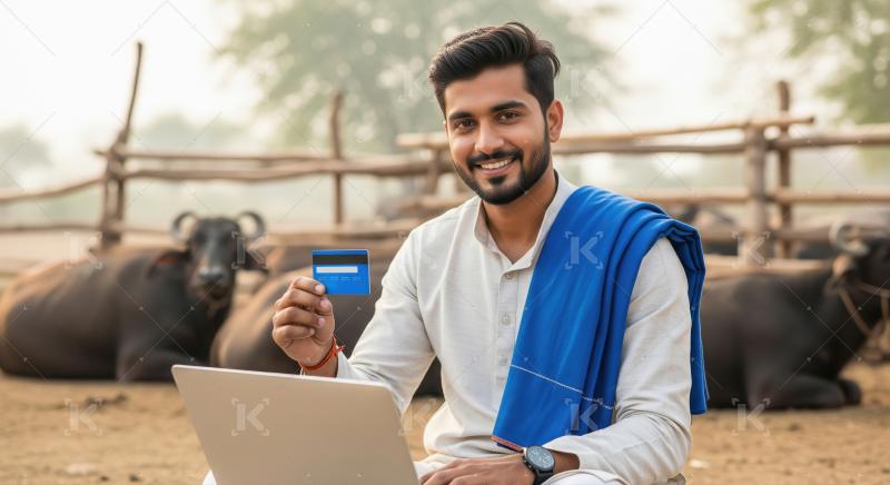 A young Indian farmer sits amidst dairy cattle, proudly holding