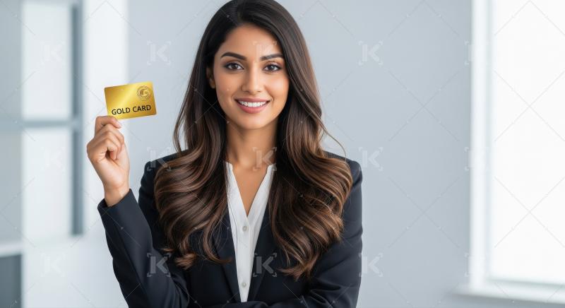 Young businesswoman proudly holds up a gold credit card, symboli