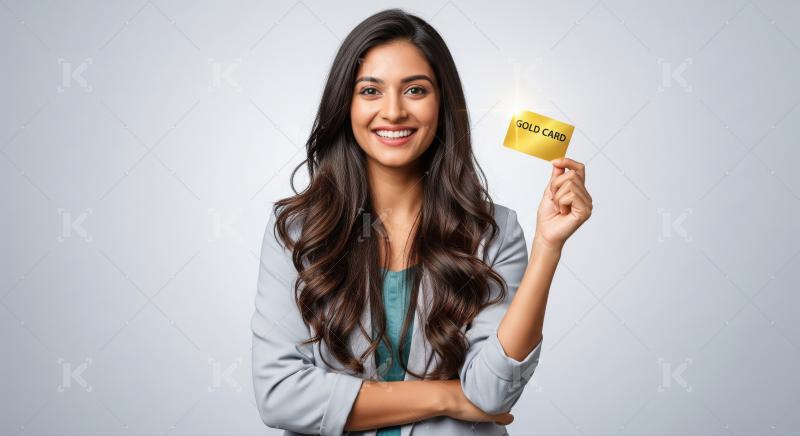 Young businesswoman proudly holds up a gold credit card, symboli