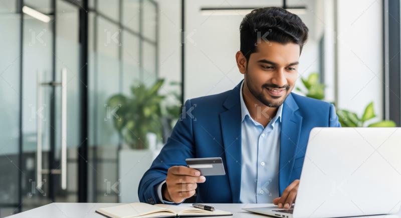 A professional Indian businessman in a suit works at his desk wi