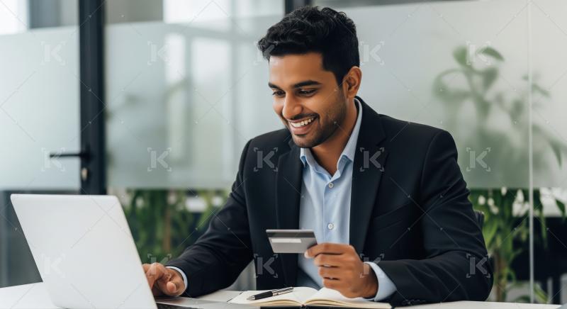 A professional Indian businessman in a suit works at his desk wi