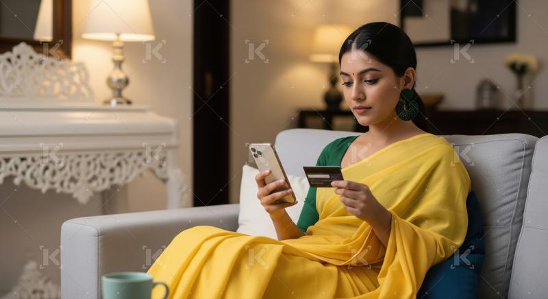 Young Indian woman sits indoors,holding a gold credit card and s