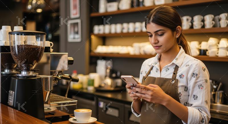 A young barista in a coffee shop stands behind the counter in an