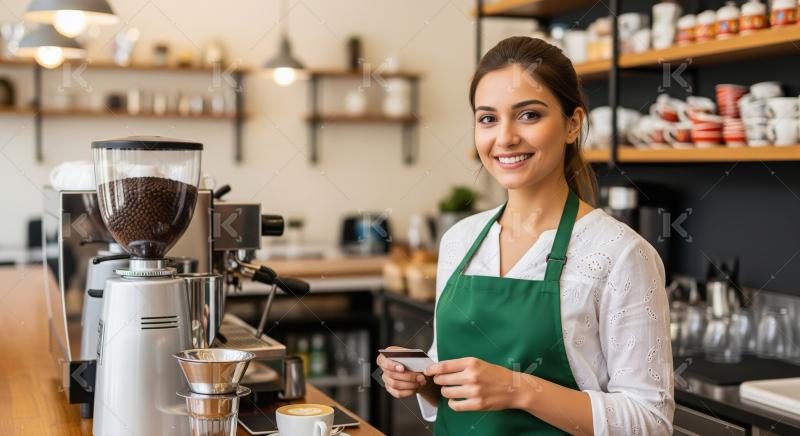 A young barista in a green apron stands behind the coffee counte