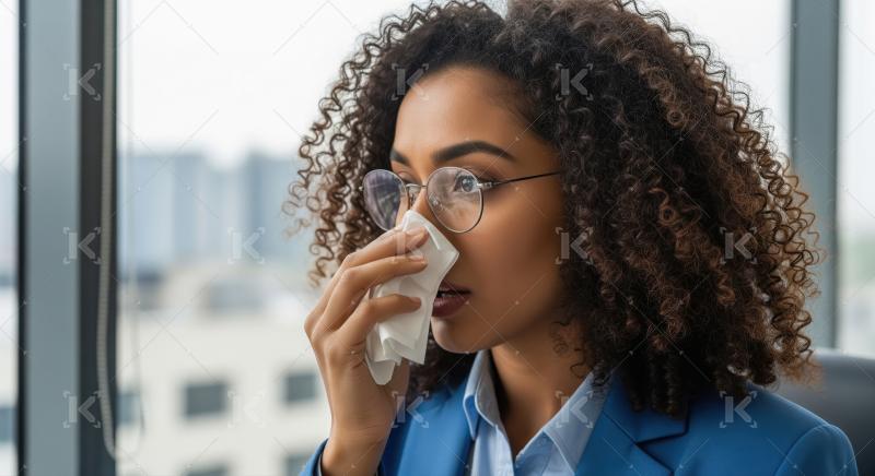 A young woman holding a tissue while feeling sickness and cold a