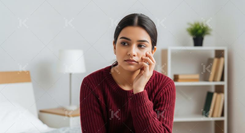 A young woman in a maroon sweater sits thoughtfully in a cozy, m