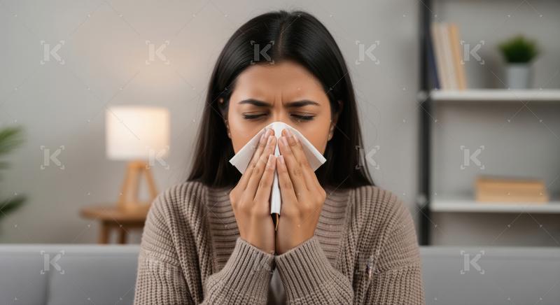 A young woman holding a tissue while feeling sickness and cold a