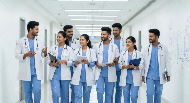 Young Indian Doctors and Interns Walk Through Hospital Corridor