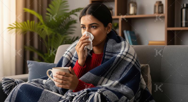 A young woman holding a tissue while feeling sickness and cold a