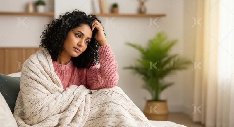A young woman holding a tissue while feeling sickness and cold a