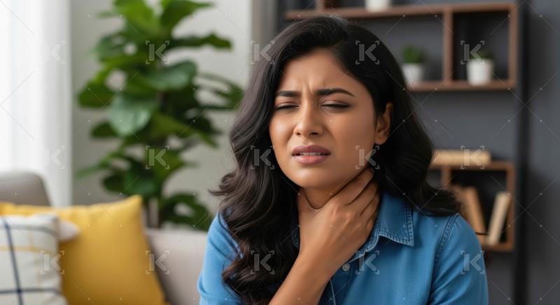 A young woman in a blue denim shirt, gently touches her neck and