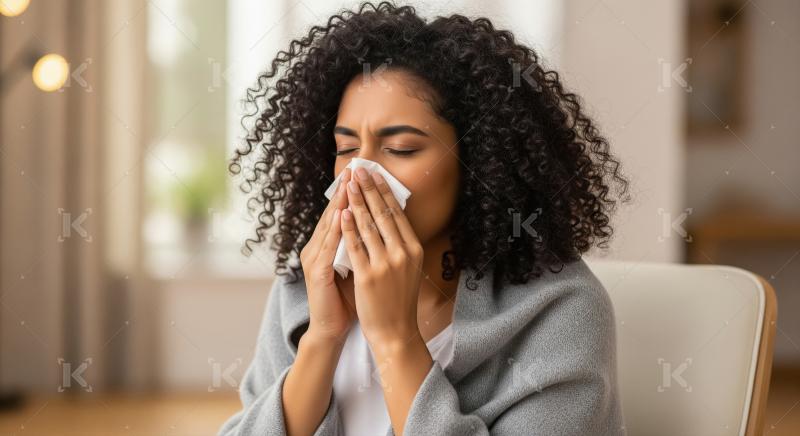 A young woman holding a tissue while feeling sickness and cold a