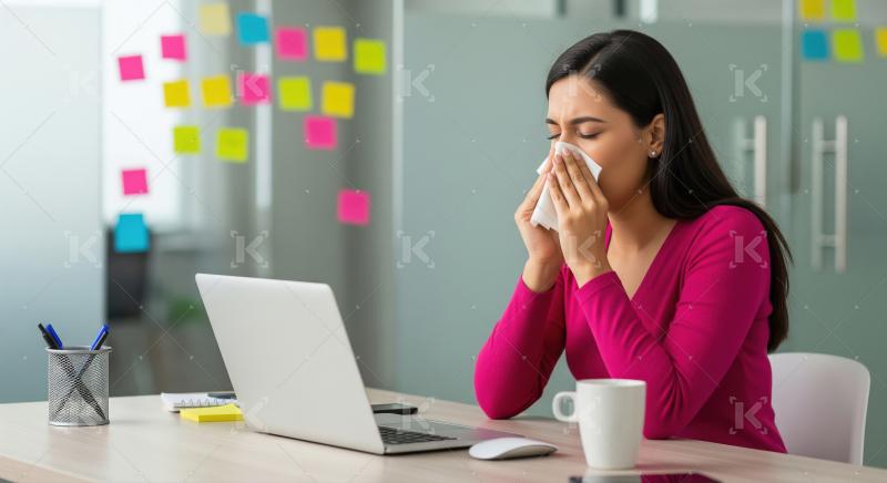 A young woman sits at her office desk, she wipes her face with a