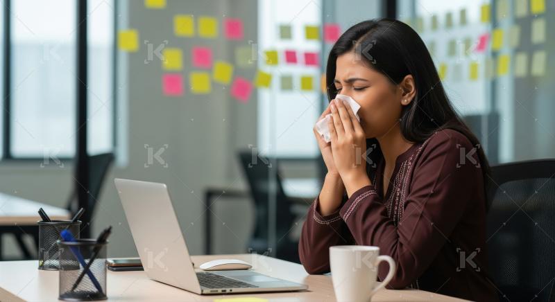 A young woman sits at her office desk, she wipes her face with a