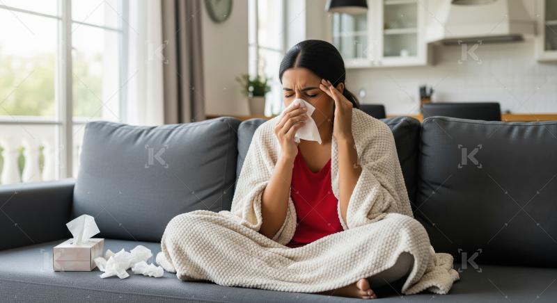 A young woman holding a tissue while feeling sickness and cold a