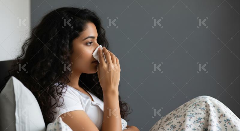 A young woman holding a tissue while feeling sickness and cold a