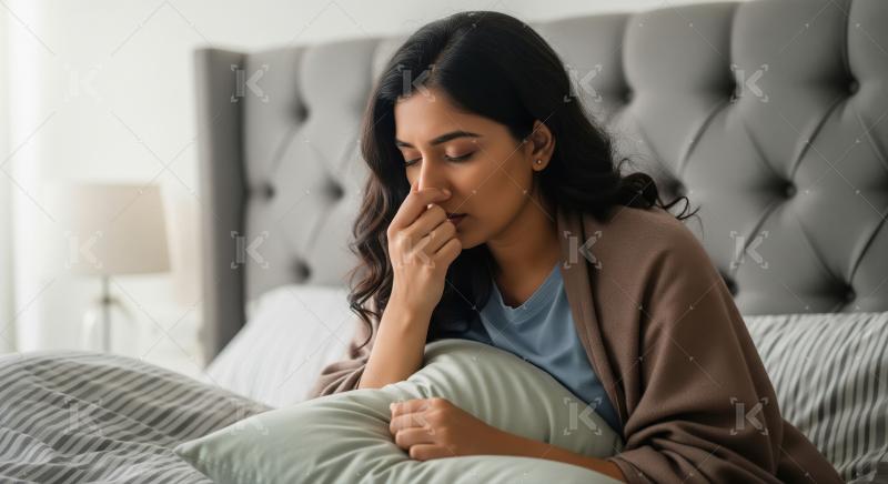 A young woman holding a tissue while feeling sickness and cold a