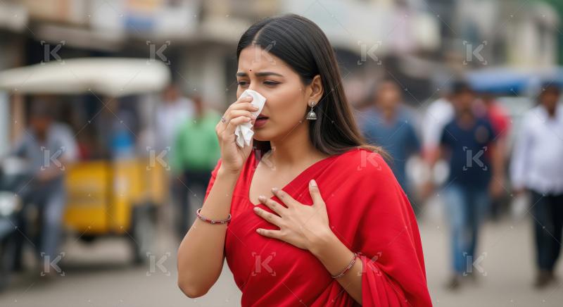 A young woman holding a tissue while feeling sickness and cold a