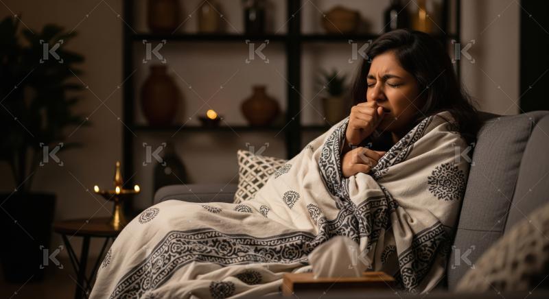 A young woman holding a tissue while feeling sickness and cold a