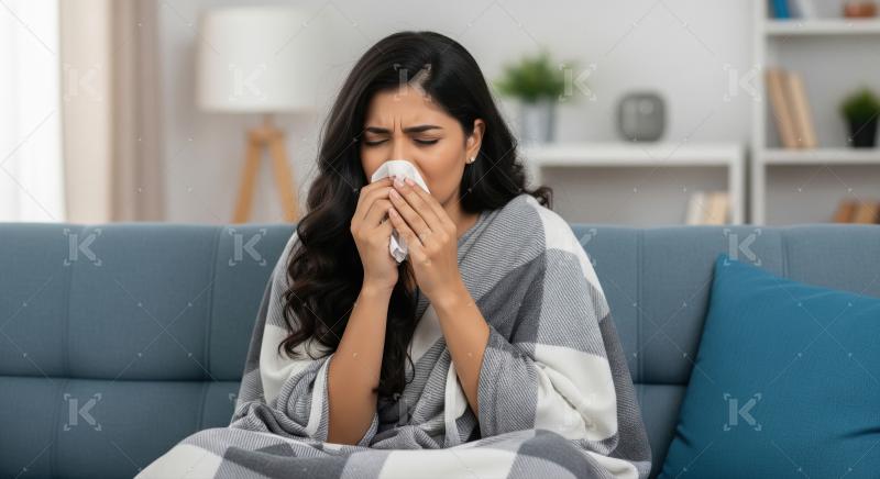 A young woman holding a tissue while feeling sickness and cold a