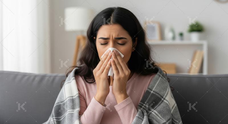 A young woman holding a tissue while feeling sickness and cold a