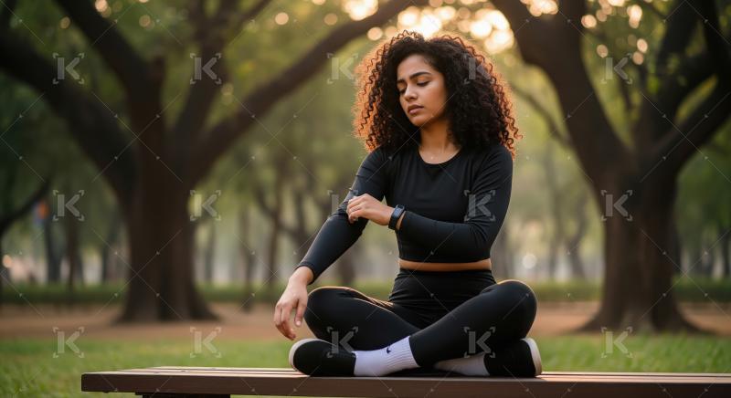 A young woman in black activewear meditates cross-legged on a pa