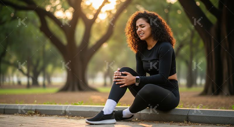 A young woman in black sportswear sits on a park path, holding h