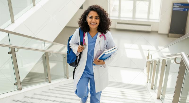 Smiling Female Medical Student Ascending Modern Hospital Stairs