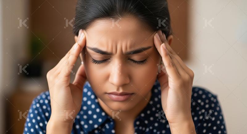 A young woman sits with her eyes closed, pressing her fingers to