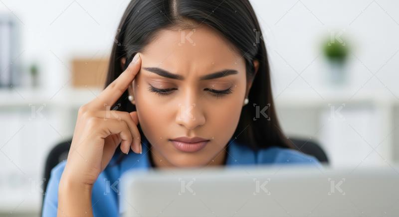 A young woman sits with her eyes closed, pressing her fingers to